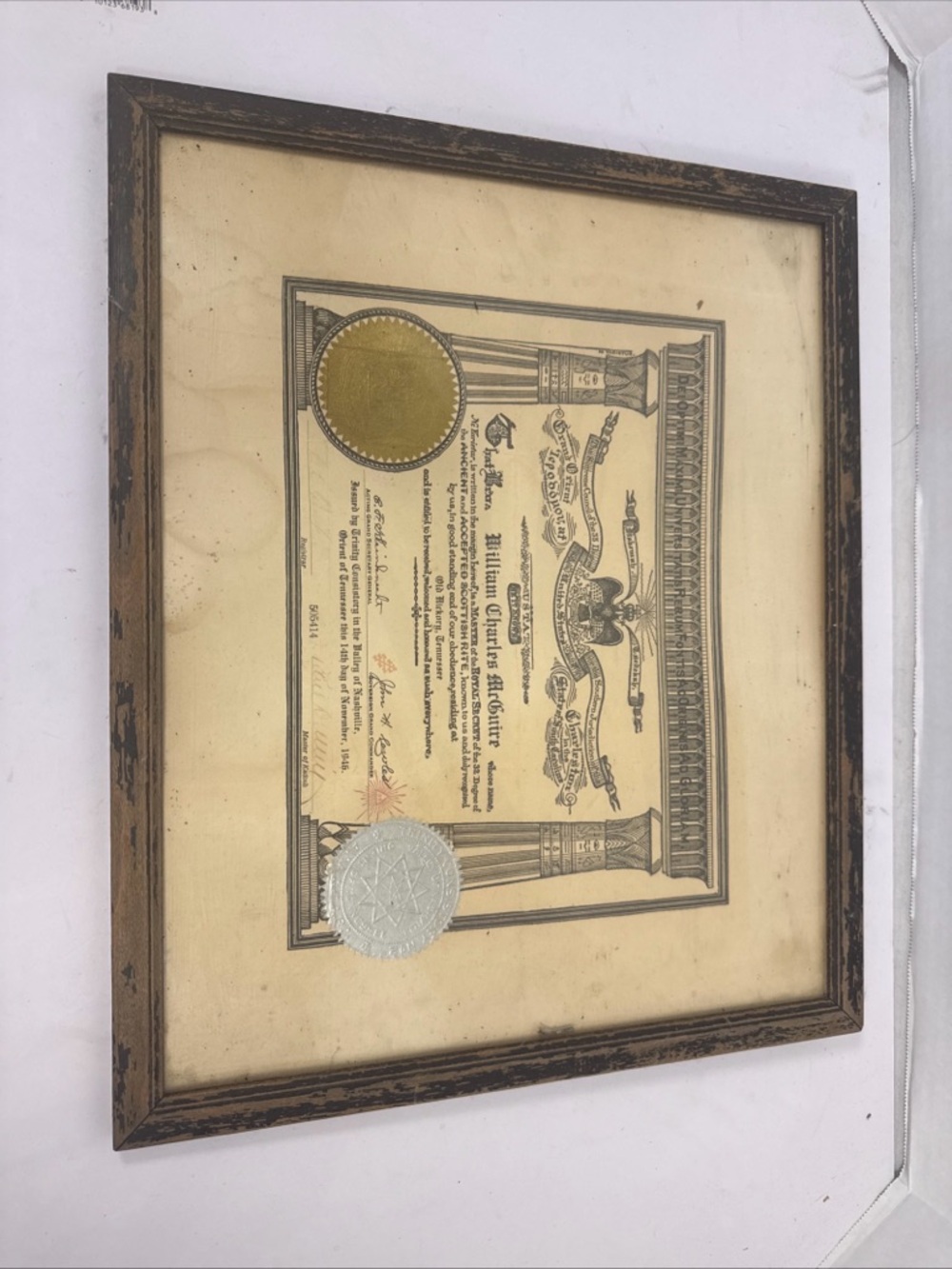 Dei Optimim 1946 Certificate 32rd Master Royal/Ancient/Scottish Degrees 17in-14i
